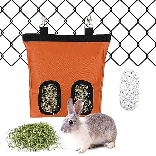 Kaninchen-Heu-Futtertasche, 2 Löcher, Heu-Futterspender zum Aufhängen für Kaninchen, Meerschweinchen, Chinchilla, 600D Oxford-Stoff mit 1 Backenzahnstein (Orange) von YOLAGGOY