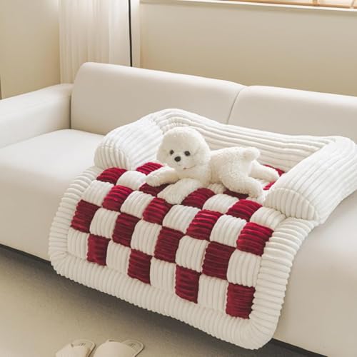 Flauschiges, flauschiges, beruhigendes Hundebett, Sofaschutz, Haustiermatte, waschbarer Plüsch-Couchbezug für Hunde, Couch-Bezug, cremefarben, quadratisch, kariert, gemütliche Hundematte, flauschiges von YOMACY