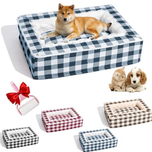 YOMACY Gemütliches Hundebett, Schottenkaro, Anti-Angst, beruhigendes Bett, quadratisch, klassisches Schottenkaro-Haustierbett, abnehmbarer, waschbarer Bezug, weich, flauschige Hunde-Schlafmatte für von YOMACY