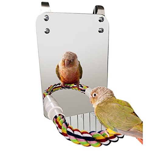 YOPOTIKA Vogelspiegel Spielzeug mit Seil Barsch Papagei Biss Spielzeug mit Großem Spiegel Papageienklaue Vogelkäfig Barsche Spiegel Kauspielzeug für Wellensittich Sittich Nymphensittiche von YOPOTIKA