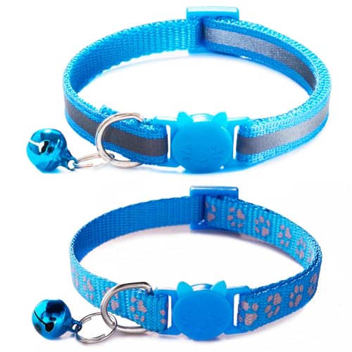 Breakaway Kätzchenhalsband mit Glöckchen, [2 Stück] Hellblau Break Away Katzenhalsband mit Glöckchen, reflektierendes Katzenhalsband für Jungen, Katzen, Kätzchen von YOUALSO