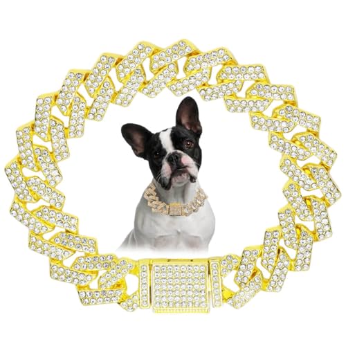 Goldfarbenes Hundehalsband, glitzernde Diamanten, kubanische Glieder-Welpenhalsbänder, Glitzer-Strass-Katzenhalsband für kleine, mittelgroße und große Haustiere, 20,3 cm von YOUALSO