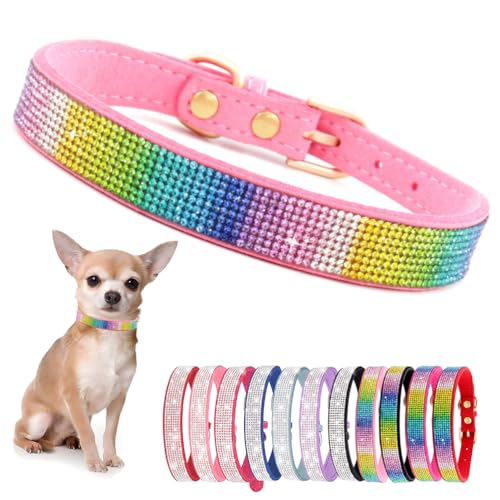 Hundehalsband Kleine Hunde, Halsband Welpe Mit Strass Perlen Glitzer Kristall Steine MäDchen Halsband Katze HüNdin Strasssteinen,Buntes Rosa XXL von YOUALSO