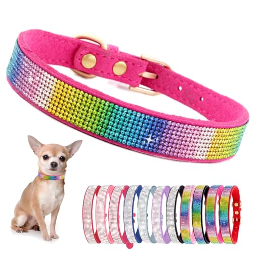 Hundehalsband Kleine Hunde, Halsband Welpe Mit Strass Perlen Glitzer Kristall Steine MäDchen Halsband Katze HüNdin Strasssteinen,Buntes Pink XS von YOUALSO