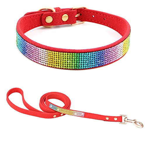 Hundehalsband Kleine Hunde mit Leine, Halsband Welpe Mit Strass Perlen Glitzer Kristall Steine MäDchen Halsband Katze HüNdin Strasssteinen,Buntes Rot M von YOUALSO