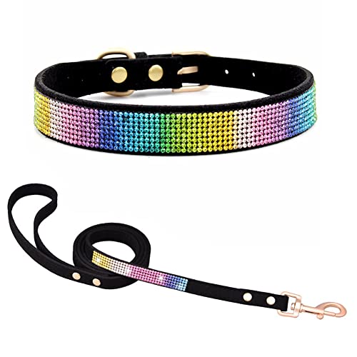 Hundehalsband Kleine Hunde mit Leine, Halsband Welpe Mit Strass Perlen Glitzer Kristall Steine MäDchen Halsband Katze HüNdin Strasssteinen,Buntes Schwarz M von YOUALSO