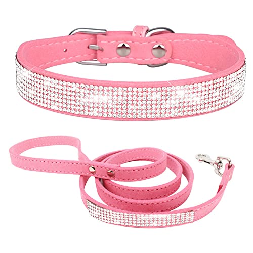 Hundehalsband Kleine Hunde mit Leine, Halsband Welpe Mit Strass Perlen Glitzer Kristall Steine MäDchen Halsband Katze HüNdin Strasssteinen,Rosa M von YOUALSO