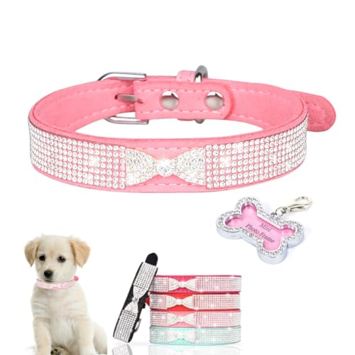 Hundehalsband mit Strasssteinen für Hündinnen, Kristall-Namensschild, hübsche Schleife, glitzernd, glitzernd, Diamanten, Mädchen-Hundehalsband für kleine, mittelgroße Haustiere, Größe L von YOUALSO