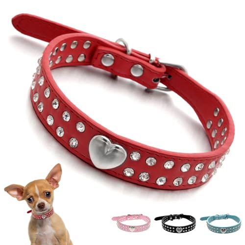 Red Diamond Hundehalsband, Herz-Strass, Kätzchen-Halsband, ausgefallener Kristall, Glitzer, hübsches Schmuckstück, weiblich, glitzernd, Welpenhalsband für XXS, XS, S, M, Mädchen, Hunde, Katzen, Größe von YOUALSO