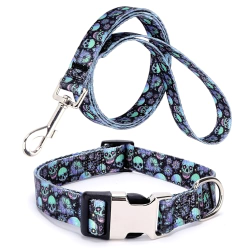 Hundehalsband und Leine, hübsches Design, violetter Totenkopf-Haustier-Halsbänder für kleine, mittelgroße und große Rassen, männliche Hunde, Jungen und Katzen, Größe M von YOUALSO