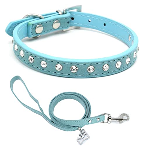 Hundehalsband und Leine, Set mit Kristalldiamanten, bunt, glitzernd, für kleine Katzen, Blau, Größe S von YOUALSO