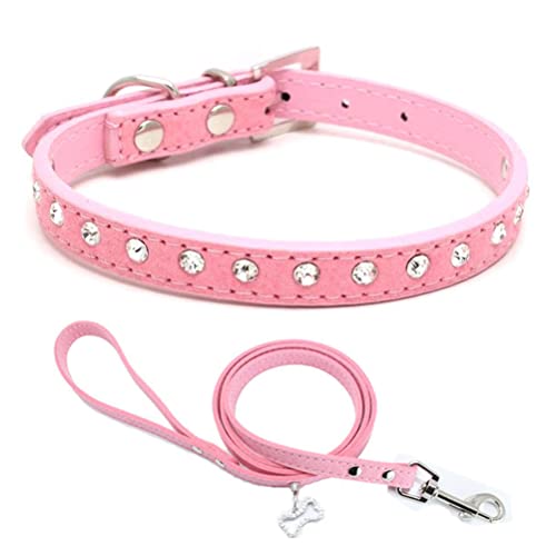 Hundehalsband und Leine, Set mit Kristalldiamanten, bunt, glitzernd, für kleine Katzen, Rosa, Größe S von YOUALSO