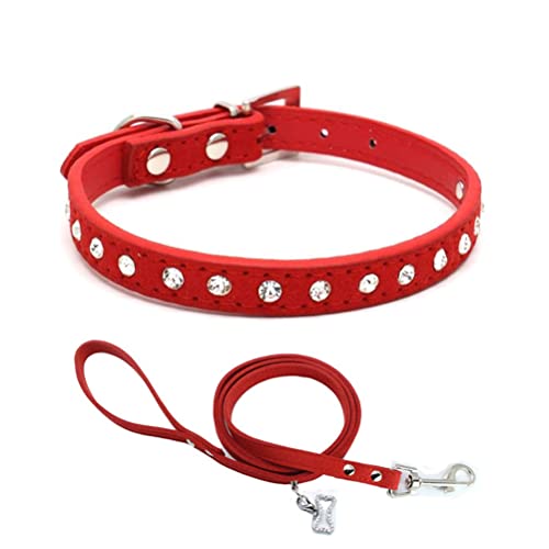 Hundehalsband und Leine, Set mit Kristalldiamanten, bunt, glitzernd, für kleine Katzen, Rot, Größe M von YOUALSO