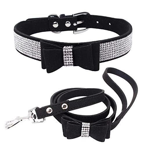 Hundehalsband und Leine, Set mit Fliege, glitzernde Strasssteine, Fliege, Kristalldiamant, für XXS, XS, kleine, mittelgroße und große Hunde, Haustier, Jungen, Kätzchen, Mädchen, Katze, schwarz, S von YOUALSO