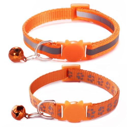 Katzenhalsband mit Glöckchen, Orange mit Glöckchen, reflektierendes Katzenhalsband für Mädchen, Katzen, Jungen, Kätzchen, 2 Stück von YOUALSO