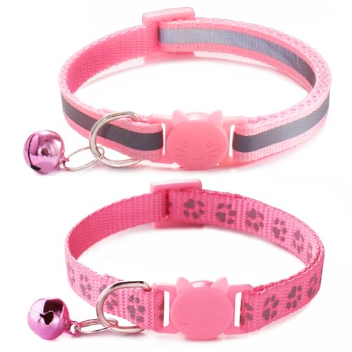 Katzenhalsband mit Glöckchen, Rosa, 2 Stück, Katzenhalsband mit Glöckchen, reflektierendes Katzenhalsband für Mädchen, Katzen, Kätzchen von YOUALSO