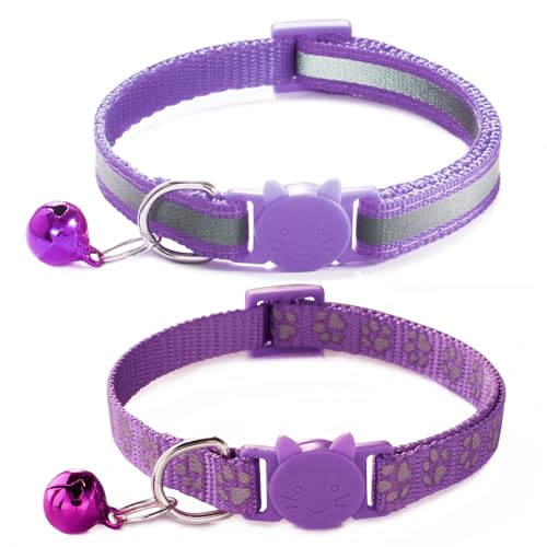 Katzenhalsband mit Glöckchen, Violett, 2 Stück, mit Glöckchen, reflektierendes Katzenhalsband für Mädchen, Katzen, Kätzchen von YOUALSO