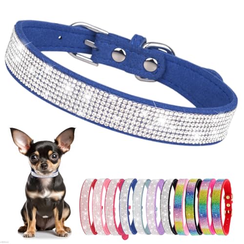 Hundehalsband Kleine Hunde, Halsband Welpe Mit Strass Perlen Glitzer Kristall Steine MäDchen Halsband Katze HüNdin Strasssteinen,Dunkelblau XL von YOUALSO