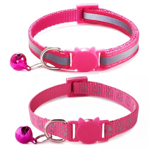 Reflektierendes Katzenhalsband mit Glöckchen, [2er-Pack] Hot Pink Break Away Kätzchenhalsband mit Glöckchen, Breakaway-Katzenhalsband für Mädchen, Katzen, Kätzchen von YOUALSO