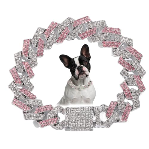 Rosa Hunde-Halskette, glitzernde Diamanten, kubanische Gliederkette, Strass, Welpenhalsband für kleine, mittelgroße und große Haustiere, Hunde, Katzen, 20,3 cm von YOUALSO