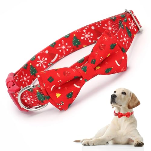 Rotes Weihnachts-Hundehalsband mit Fliege, Weihnachten, Welpenhalsband, Fliege, Urlaub, Schnellverschluss-Schnalle, Mädchen-Hundehalsband für kleine, mittelgroße und große männliche Hunde, Größe S von YOUALSO