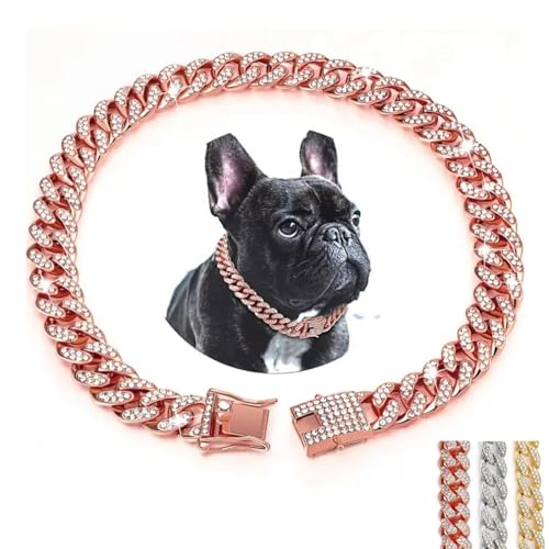 Rotgoldenes Hundehalsband mit Glitzer-Strasssteinen und glitzernden Diamanten, Metallhalskette, kubanische Glieder-Katzenhalsbänder für kleine, mittelgroße und große Haustiere, Hunde, Welpen, Rosa, von YOUALSO