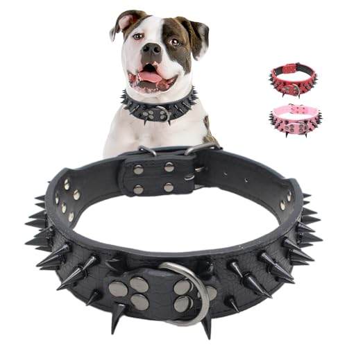 Scharfe Spiked Hundehalsband mit Airtag-Hülle, 5,1 cm Breite Ledernieten Nieten-Haustier-Halskette Anti-Beißen verstellbar für mittelgroße große Hunderassen Mastiff Pitbull Mops Bulldogge, Schwarz Klein von YOUALSO