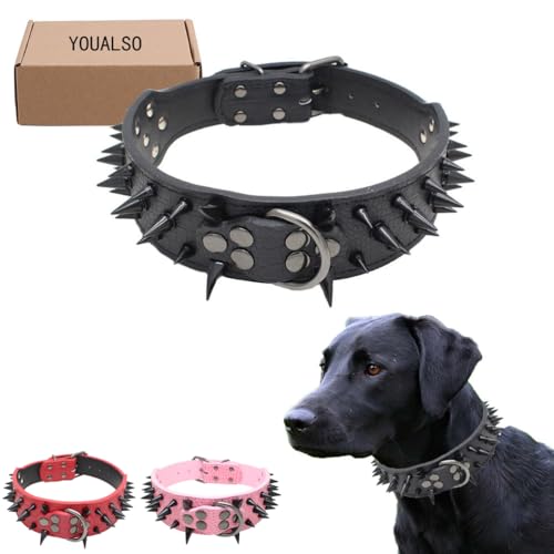 Scharfe Spiked Hundehalsband mit Airtag-Hülle, 5,1 cm Breite Ledernieten Nieten-Haustier-Halskette Anti-Beißen verstellbar für mittelgroße große Hunderassen Mastiff Pitbull Mops Bulldogge, rot klein von YOUALSO