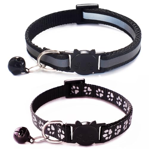 Schwarzes reflektierendes Katzenhalsband mit Glöckchen, [2er-Pack] Break Away Kätzchenhalsband mit Glöckchen, Breakaway Katzenhalsband für Jungen, Katzen, Kätzchen von YOUALSO