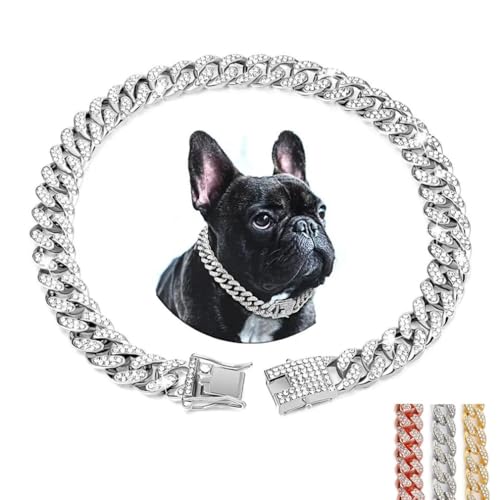 Silberfarbenes Hundehalsband für mittelgroße Hunde, glitzernde Strasssteine, glitzernde Diamanten, Metallhalskette, kubanische Gliederhalsbänder für kleine, mittelgroße und große Hunde, 50,8 cm von YOUALSO