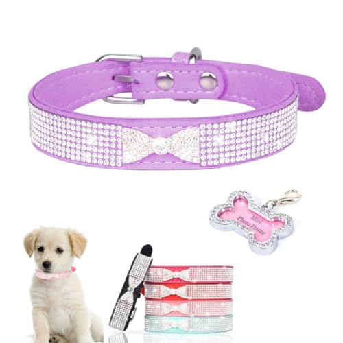 Violettes glitzerndes Hundehalsband für Hündinnen, Kristall-Namensschild, hübsche Schleife, Strass-Hundehalsband, glitzernd, glitzernd, Diamanten, für kleine und mittelgroße Haustiere, Größe L von YOUALSO