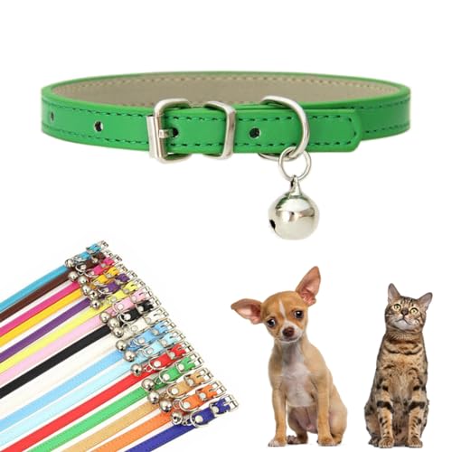 Welpenhalsband mit Glöckchen, Kunstleder-Katzenhalsband mit Glöckchen, für XXS, XS, kleine, mittelgroße Haustiere, Hunde, kleines Kätzchen, kleine Tiere, Jungen, Mädchen, Grün, M von YOUALSO