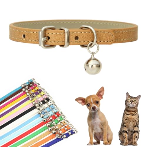 Welpenhalsband mit Glöckchen, Kunstleder-Katzenhalsband mit Glöckchen, für XXS, XS, kleine, mittelgroße Haustiere, Hunde, kleines Kätzchen, kleine Tiere, Jungen, Mädchen, Khaki, M von YOUALSO