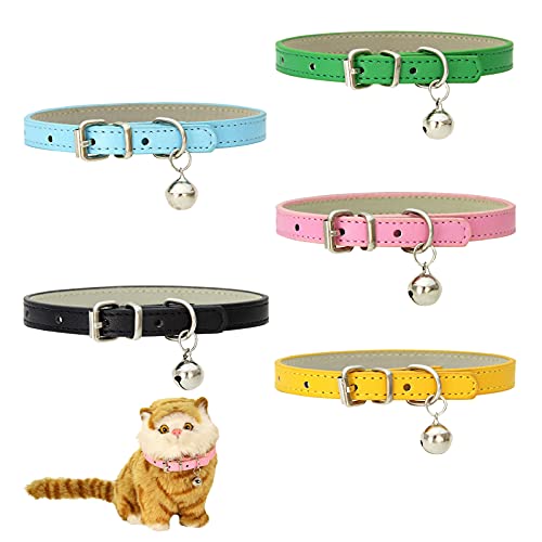 5 Stück Katzenhalsbänder aus Leder,Verstellbare Katzenhalsband mit Glöckchen und Metallschnalle, Haustier Halsband Für Welpen Teddy Kätzchen von YOUDALIS