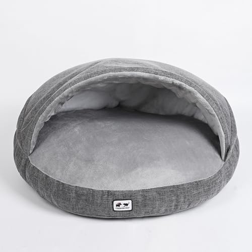 YOUGANG Großes Hundebett, Fleece-Plüsch, Haustiernest mit Kapuze, Winter, warme Höhle, Schlafnest für Welpen, Kätzchen, Kaninchen, ultraweiches Plüschkissen (Grau, Größe L: 89 cm) von YOUGANG