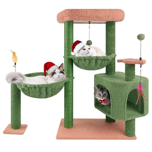 YOUPET 85.0 cm Kaktus Katzenbaum Turm mit Katzenhaus und Kratzbaum für Indoor-Katzen, Activity Center Katzenmöbel mit zwei großen Hängematte und Federspielzeugbällen, Grün von YOUPETSER