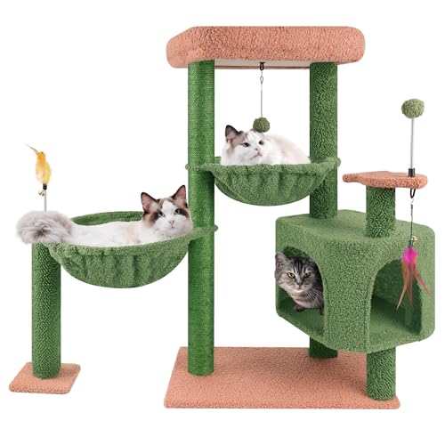 YOUPET 85.0 cm Kaktus Katzenbaum Turm mit Katzenhaus und Kratzbaum für Indoor-Katzen, Activity Center Katzenmöbel mit zwei großen Hängematte und Federspielzeugbällen, Grün von YOUPETSER