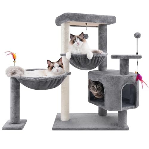 YOUPET 85.0 cm Katzenbaum Turm mit Katzenhaus und Kratzbaum für Indoor-Katzen, Activity Center Katzenmöbel mit zwei großen Hängematte und Federspielzeugbällen, Grau von YOUPETSER