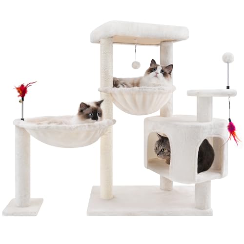 YOUPET 85.0 cm Katzenbaum Turm mit Katzenhaus und Kratzbaum für Indoor-Katzen, Activity Center Katzenmöbel mit zwei großen Hängematte und Federspielzeugbällen, Beige von YOUPETSER