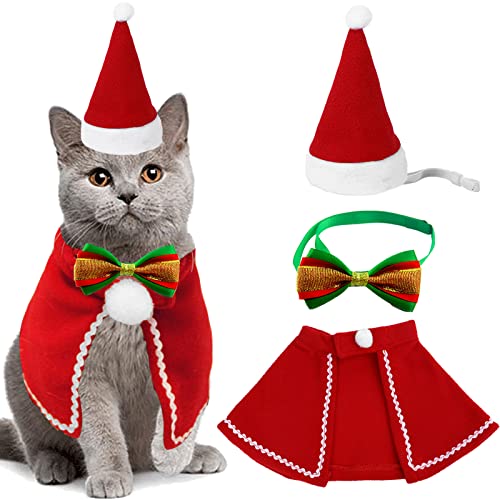 3 Stück Weihnachten Haustier Anzug,Haustier Weihnachtsmütze,Katzen Kostüm Zubehör Set,Katzen weihnachtskostüm mit Weihnachtsmütze Fliege Roter Umhang,Verstellbarer Umhang,für Party Weihnachts von YOUYIKE