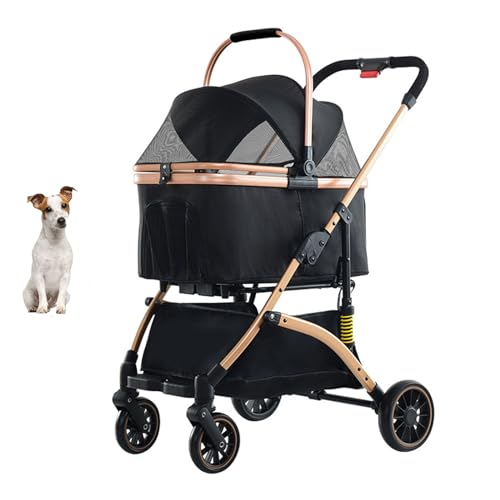 YPDOPORA 3-In-1 Faltbarer Haustier-Kinderwagen Für Kleine Und Mittelgroße Hunde Und Katzen, Ohne Reißverschluss Mit Abnehmbarer Tragetasche, Aufbewahrungskorb, Druckknopf,Schwarz von YPDOPORA