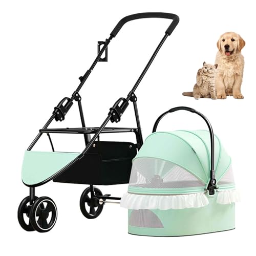 3-In-1-Kinderwagen Für Haustiere, Faltbar, 3-Rad-Katzenwagen, Trolley Für Kleine Hunde, Buggy, Welpen, Mit Aufbewahrungskorb, Abnehmbarem Träger-Autositz, Sicherheitsgurt Und Netzfenstern,Grün von YPDOPORA