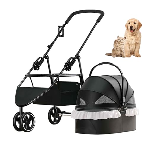 3-In-1-Kinderwagen Für Haustiere, Faltbar, 3-Rad-Katzenwagen, Trolley Für Kleine Hunde, Buggy, Welpen, Mit Aufbewahrungskorb, Abnehmbarem Träger-Autositz, Sicherheitsgurt Und Netzfenstern,Schwarz von YPDOPORA