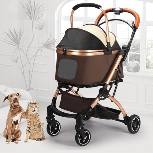 4-In-1-Kinderwagen Mit Klappmechanismus Für Haustiere, 4 Räder, Hunde-/Katzenwelpenwagen, Abnehmbare Reisetrage Für Kleine/Mittelgroße Haustiere, Zusammenklappbarer Teleskop-Katzenwagen,Braun von YPDOPORA