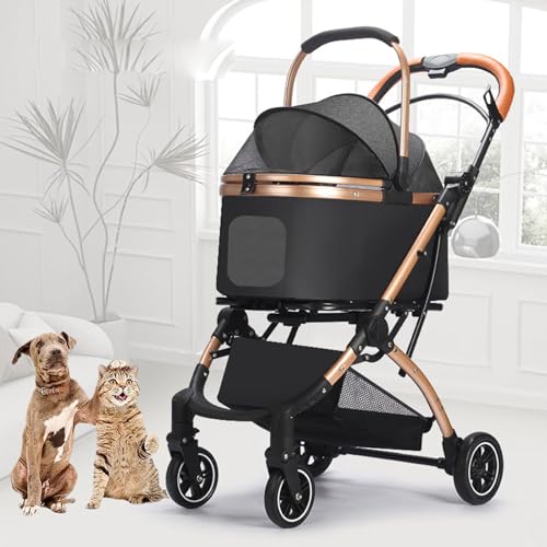 4-In-1-Kinderwagen Mit Klappmechanismus Für Haustiere, 4 Räder, Hunde-/Katzenwelpenwagen, Abnehmbare Reisetrage Für Kleine/Mittelgroße Haustiere, Zusammenklappbarer Teleskop-Katzenwagen,Schwarz von YPDOPORA