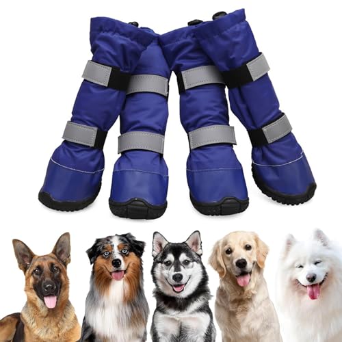 YPDOPORA 4 Stück Hunde-Regenstiefel, Reflektierende Stiefel, wasserdichte Hunde-Regenstiefel, Schneeschuhe Für Hunde Mit Warmem Fleece, Reflektierenden Riemen Und Rutschfester Sohle,Blau,L von YPDOPORA