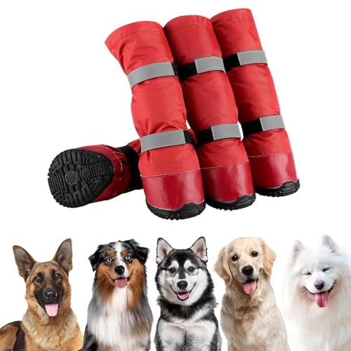 4 Stück Hunde-Regenstiefel, Reflektierende Stiefel, wasserdichte Hunde-Regenstiefel, Schneeschuhe Für Hunde Mit Warmem Fleece, Reflektierenden Riemen Und Rutschfester Sohle,Rot,L von YPDOPORA