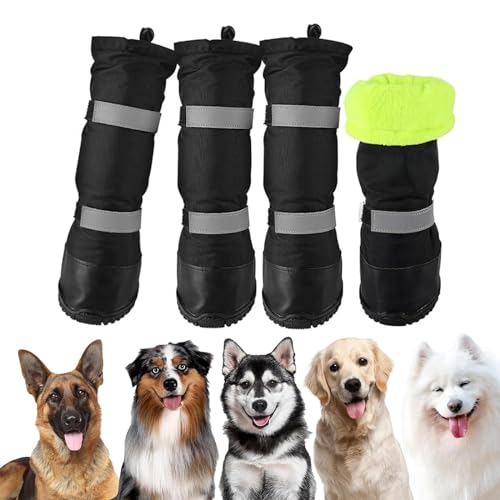 YPDOPORA 4 Stück Hunde-Regenstiefel, Reflektierende Stiefel, wasserdichte Hunde-Regenstiefel, Schneeschuhe Für Hunde Mit Warmem Fleece, Reflektierenden Riemen Und Rutschfester Sohle,Schwarz,L von YPDOPORA