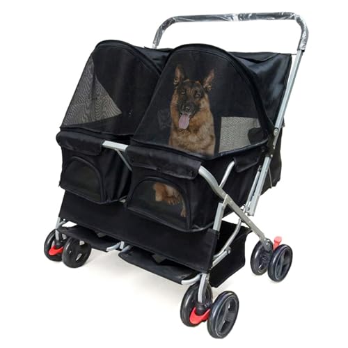 Doppelter Haustier-Buggy, Faltbarer Buggy Für 2 Hunde Und Katzen, Zweisitzer-Transporter, Zwillings-Hunde-Walk-Jogger, Reise-Haustierwagen Mit Stauraum Für Mittelgroße Und Kleine Hunde,Black 1 von YPDOPORA