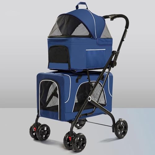 Doppelter Hundebuggy, Faltbarer 3-In-1-Katzenbuggy Mit 2 Abnehmbaren Trägern, Sicherheitsgurt, Abnehmbaren Polstern, 4 Rädern, Reise-Haustierbuggy Für Kleine Mittelgroße Hunde Und Katzen,Blau von YPDOPORA